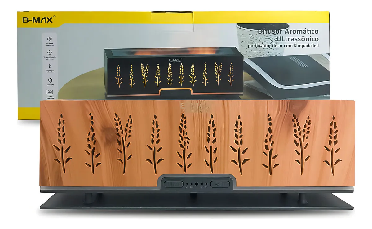 Características principais Marca B-Max Linha Umidificador Difusor Modelo Difusor Aromas Simlador Chamas Tipo de produto Simulador de Chamas Cor Amarelo Flor Peso e dimensões Altura x Largura 11 cm x 31 cm Peso 500 g Outros Modelo detalhado Umidificador Aromático Capacidade do reservatório de água 200 mL Temperatura do vapor Ambiente Com difusor de aromas Sim Com desligamento automático Sim Com função de lanterna noturna Sim Com operação silenciosa Sim Com filtro removível Não Com indicador de poca água Não É antibacteriana Não Com direção ajustável do bico Não Tipo de alimentação Fonte de alimentação bivolt É portátil Sim