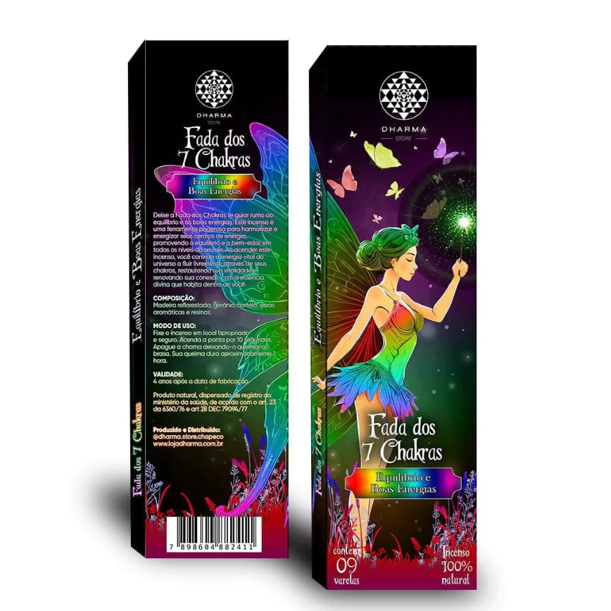 🌈 Incenso Natural Dharma - Fada dos Sete Chakras 🧘‍♀️ Deixe a Fada dos Chakras te guiar rumo ao equilíbrio e as boas energias. Este incenso é uma ferramenta poderosa para harmonizar e energizar seus centros de energia, promovendo o equilíbrio e o bem-estar em todos os níveis do seu ser. Ao acender este incenso, você convida a energia vital do universo a fluir livremente através de seus chakras, restaurando sua vitalidade e renovando sua conexão com a essência divina que habita dentro de você.