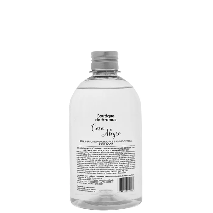 Refil para Perfume Roupas e Ambiente Erva Doce - 500ml Os Refis Boutique de Aromas foram desenvolvidos para você repor o seu produto favorito. Garantindo sempre o abastecimento da fragrância que você ama e você ainda contribui com o cuidado do meio ambiente. Nada melhor que entrar em nosso lar, sentir o cheirinho das nossas coisas, compartilhar sentimentos, um resgate da simplicidade nas pequenas coisas! Com uma fragrância aromática fresca, o refil do Perfume para Roupas e Ambiente - Casa Alegre Erva Doce proporciona uma indescritível sensação de cuidado e acolhimento. Ideal para perfumar roupas, toalhas, lençóis, almofadas, cortinas e para perfumar de forma intensa e imediata seu ambiente!