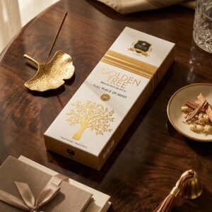 O Golden Tree da Alaukik Incense é um incenso de massala premium feito na Índia, reconhecido por suas propriedades refrescantes, espirituais e de limpeza energética. Vendido em pacotes de aproximadamente 90g (cerca de 60 varetas), é formulado com ingredientes naturais para uma queima lenta.