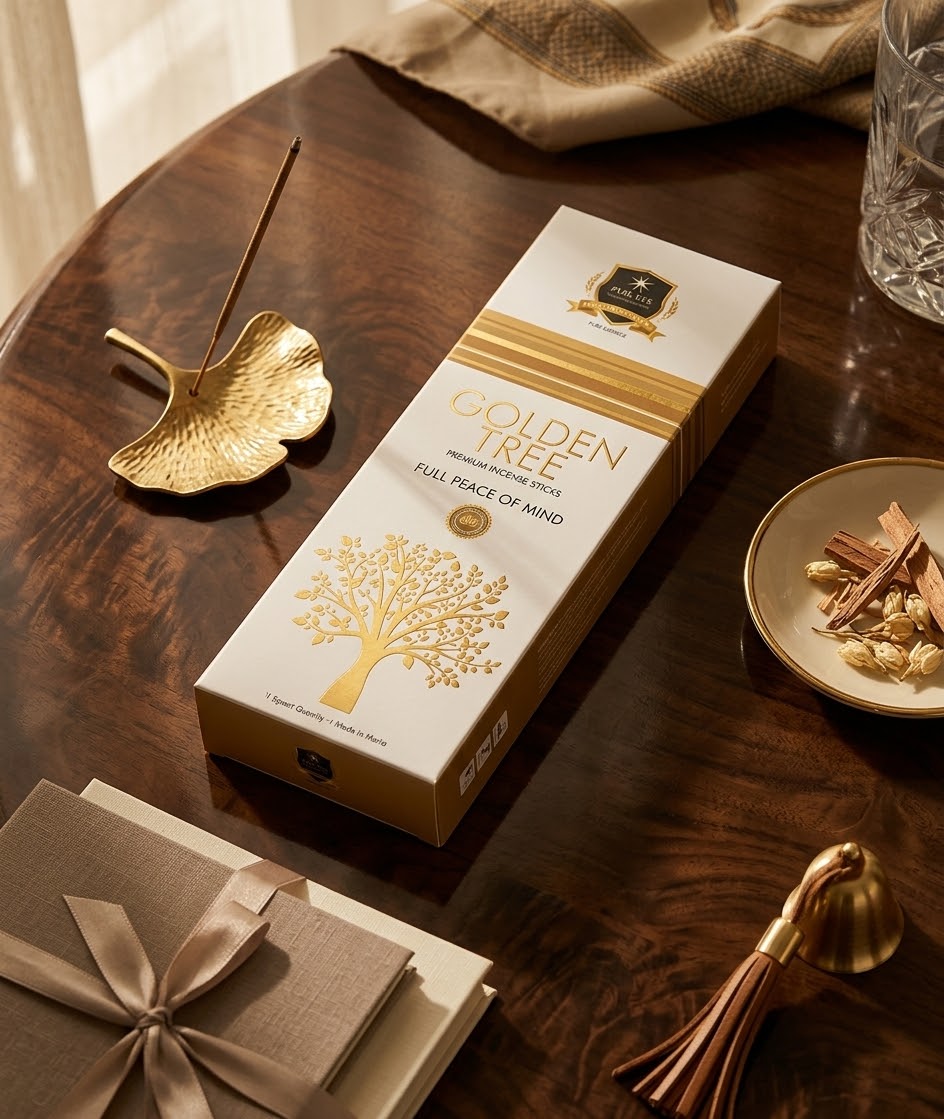 O Golden Tree da Alaukik Incense é um incenso de massala premium feito na Índia, reconhecido por suas propriedades refrescantes, espirituais e de limpeza energética. Vendido em pacotes de aproximadamente 90g (cerca de 60 varetas), é formulado com ingredientes naturais para uma queima lenta.