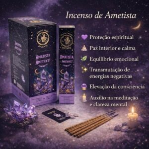 A Ametista é um cristal de quartzo violeta conhecido na magia e no misticismo por suas propriedades de transmutação de energias. Ela atua diretamente no Chakra Frontal (Terceiro Olho) e na Coroa, sendo um dos amuletos mais procurados para elevar a espiritualidade, meditação, intuição, além de afastar energias negativas e trazer paz.