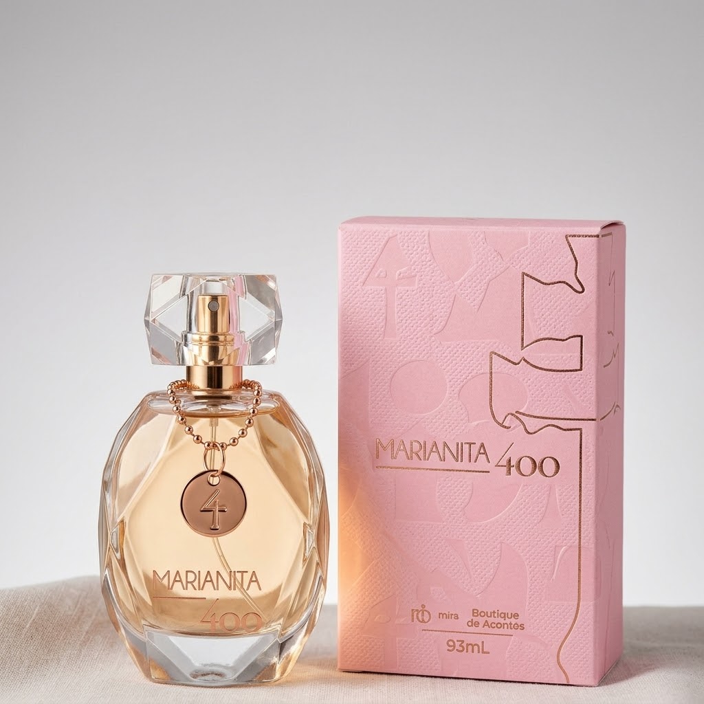 Deo Colônia Marianita 400 - 60ml Marianita 400 é uma collab entre Marianita Ortaça e Boutique de Aromas, criando um perfume feminino sofisticado, elegante e marcante, ideal para mulheres que gostam de fragrâncias envolventes, femininas e de alta aceitação. Sua composição equilibra frescor, floral delicado e um fundo quente e confortável, resultando em um perfume versátil, agradável e fácil de amar. A fragrância se inicia com notas frutadas refinadas de lichia e ameixa, combinadas ao frescor da bergamota, criando uma abertura luminosa, feminina e moderna. No coração, flores elegantes como peônia e rosa turca trazem romantismo e suavidade, enquanto a madeira de cashmere adiciona uma sensação macia e sofisticada à pele. No fundo, o perfume revela sua assinatura mais envolvente, com musk aveludado, cedro, âmbar, vetiver do Haiti e um toque delicado de baunilha, garantindo fixação confortável, elegância e um rastro marcante sem exageros.